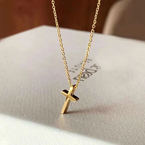 Cross Necklace Gold Minimalist Easter Dainty Cross Pendant Religious Baptism - Picture 1 of 8